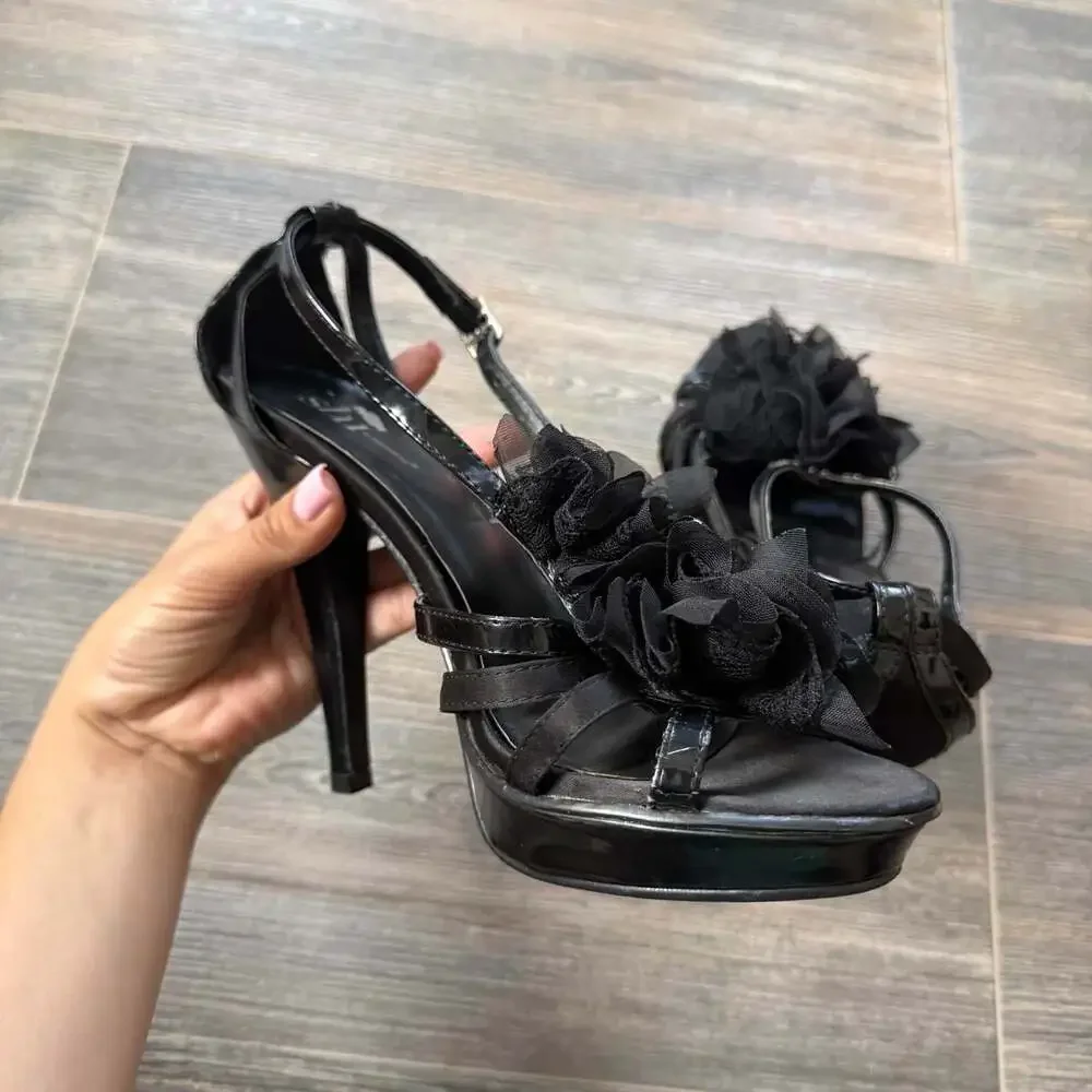 Shi Women's Black Platform open toe Heel Vintage Y2K Ruffle Flower